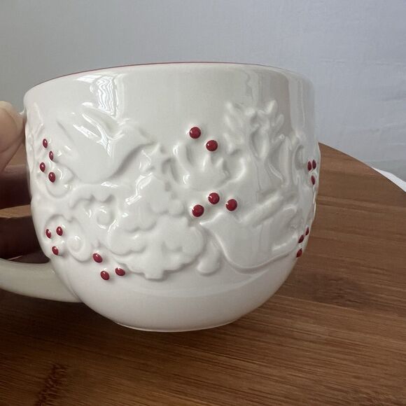 Starbucks 2008 White Holiday Mug Red Berries Embossed Doves Reindeer Trees 12oz - Picture 3 of 6